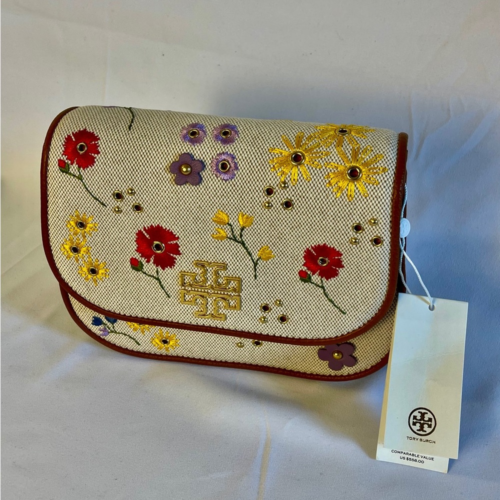 TORY BURCH Britten Floral Canvas Small Saddle Bag - BEIGE with Gold Hardware